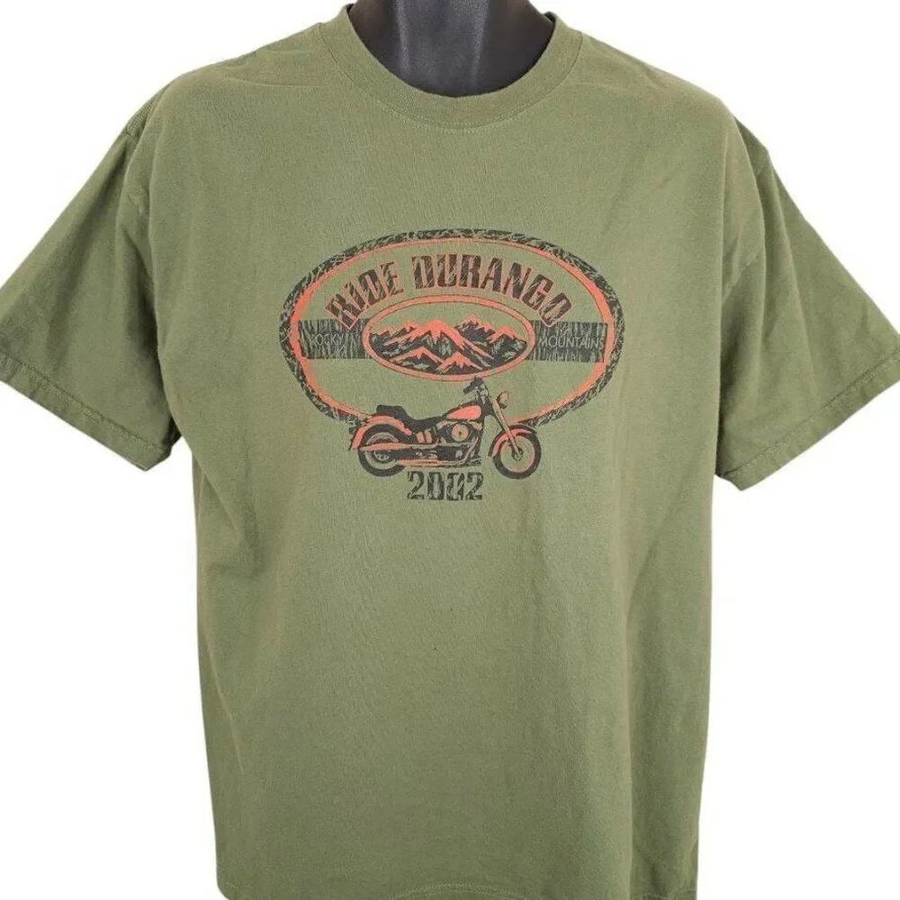 Vintage Ride Durango T Shirt Mens Size Large Green Y2K 2002 Rocky Mountains Moto